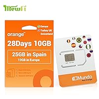 Orange Prepaid Europe Sim Card 28 Days, EU 10GB, Spain 25GB, 5000 Min Local Calls, Activation Required, Applicable to 27 States of The European Union (1pc 28 Days 10GB-Activate Required)