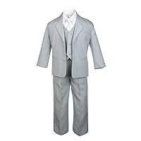 6pc Boy Gray Vest Set Suits with Satin Ivory Necktie Outfits Baby to Teen