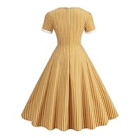 Women Square Neck Vintage Dress 1950s Short Sleeve Polka Dot Stripe Swing Flowy A-Line Party Dresses