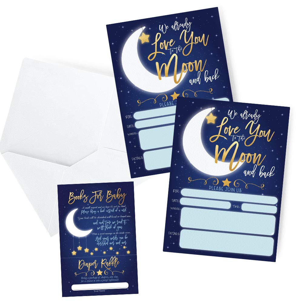 Your Main Event Prints Baby Shower Invitations with Book Request and Diaper Raffle Card, Love You To The Moon and Back, Twinkle Star Baby Sprinkle, 20 Fill in Invites and Envelopes