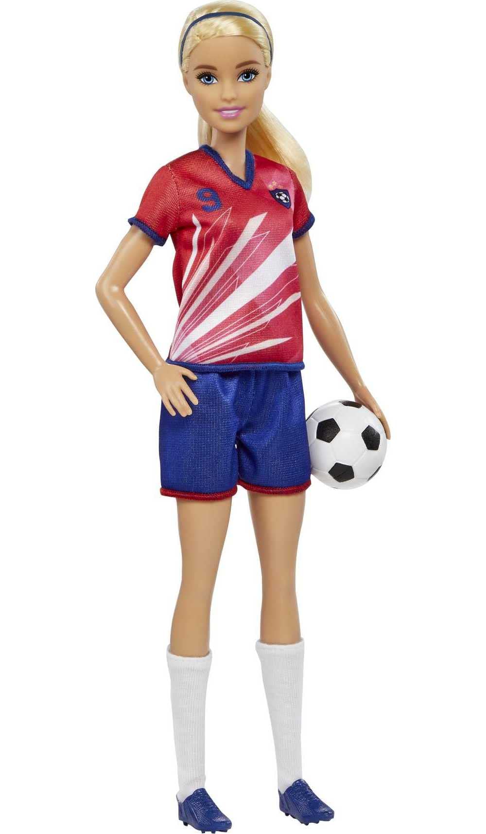 Barbie Soccer Fashion Doll with Blonde Ponytail, Colorful #9 Uniform, Cleats & Tall Socks, Soccer Ball 11.5 inches