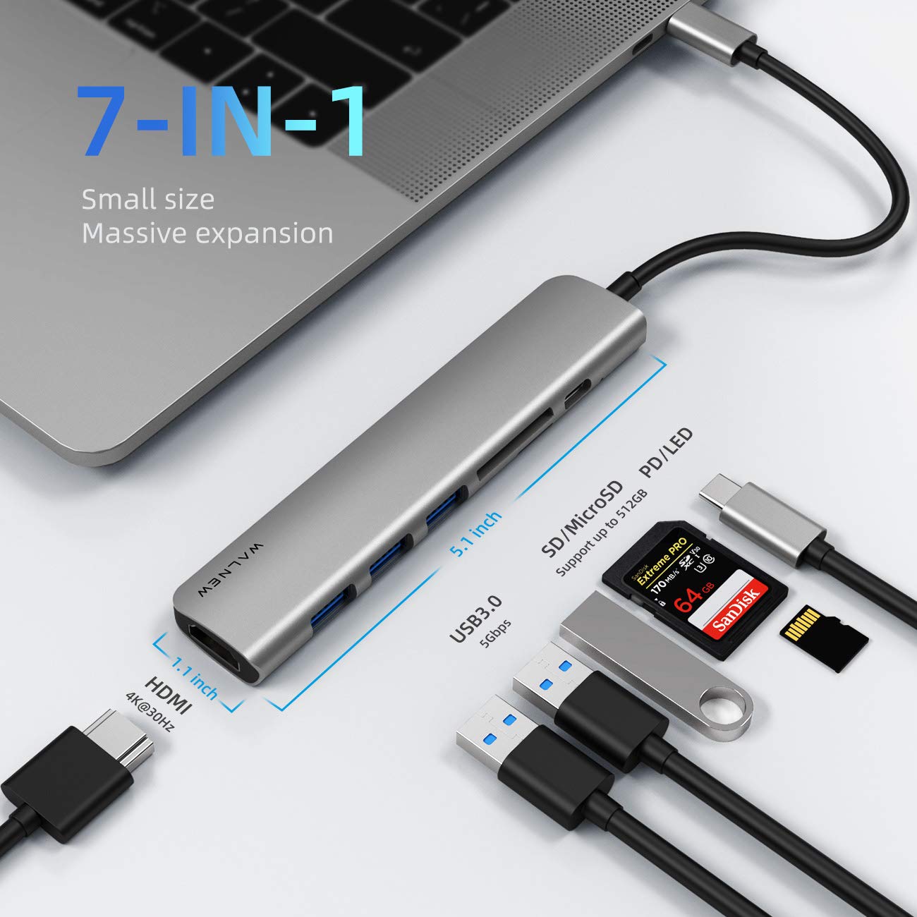 WALNEW USB C Hub, USBC Dongle Multiport Adapter with 4K HDMI,100W PD,SD/TF Reader,USB 3.0 Ports, 7 in 1 Type-C Docking Station for Mac/Macbook,iPad Pro/Air,Samsung Galaxy Tab,Surface Laptop,Chromebook