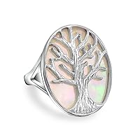Large Statement Iridescent Oval Abalone Rainbow White Mother of Pearl Family Wishing Tree Of Life Ring For Women Wife .925 Sterling Silver