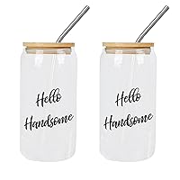 2 Pack Glass Cup with Bamboo Lid And Straw Good Morning - Hello Handsome Glass Cup Drinking Glasses Mom Birthday Gifts Cups Great For For Soda s Whiskey