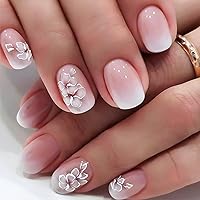 Pink Gradient Press on Nails Short Square, Almond Acrylic Fake Nails with Flower Design, Glue on Nails Glossy Natural Fit Nail Art Kit Stick on Nails for Women Girls DIY Manicure Decoration 24Pcs