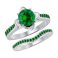 Round Cut Green Emerald 14K White Gold Plated Dazzling Flowery Engagement Ring For Women's