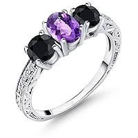 Gem Stone King 2.25 Ct Oval Checkerboard Purple Amethyst Black Sapphire 925 Sterling Silver Ring