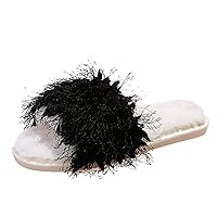 Womens Faux Fur Flat Slide Sandals Fluffy Open Toe Slipper Soft Cozy Plush Indoor Slip on Shoes