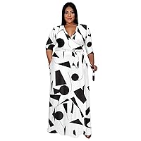 Runwind Plus Size Dress for Women - 3/4 Sleeve V Neck Printing Maxi Dresses for Women （XL-6XL）