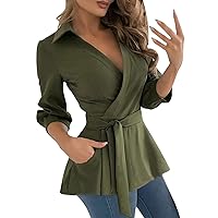 Tshirts Shirts for Women Plus Size Sexy Women's Casual Fashion Lapel Long Sleeved V Neck Belt Blouse Summer to
