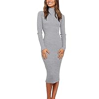 MEROKEETY Women's 2024 Ribbed Long Sleeve Sweater Dress High Neck Slim Fit Knitted Midi Dress