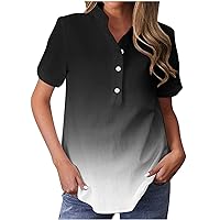 Women Gradient Dressy Casual Tops Summer Stand Collar Button Short Sleeve Pullover T-Shirts Fashion Casual Tees