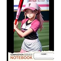 Composition Notebook College Ruled: Anime Girl with Hat and Sports Jersey, Baseball Field, Holding Bat, HD Quality, HDR, Pink Eye Color, Long Hair Tied Up, Size 8.5x11 Inches, 120 Pages