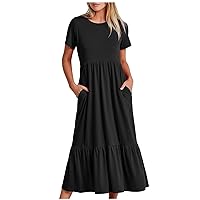 Womens Summer Dresses 2024 Solid Color Short Sleeve O-Neck Casual Loose Prom Party Dresses with Pockets Beach Sundress
