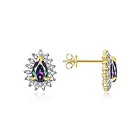 RYLOS 14K Yellow Gold Halo Stud Earrings - 6X4MM Pear Shape Gemstone & Diamonds - Exquisite Birthstone Jewelry for Women & Girls