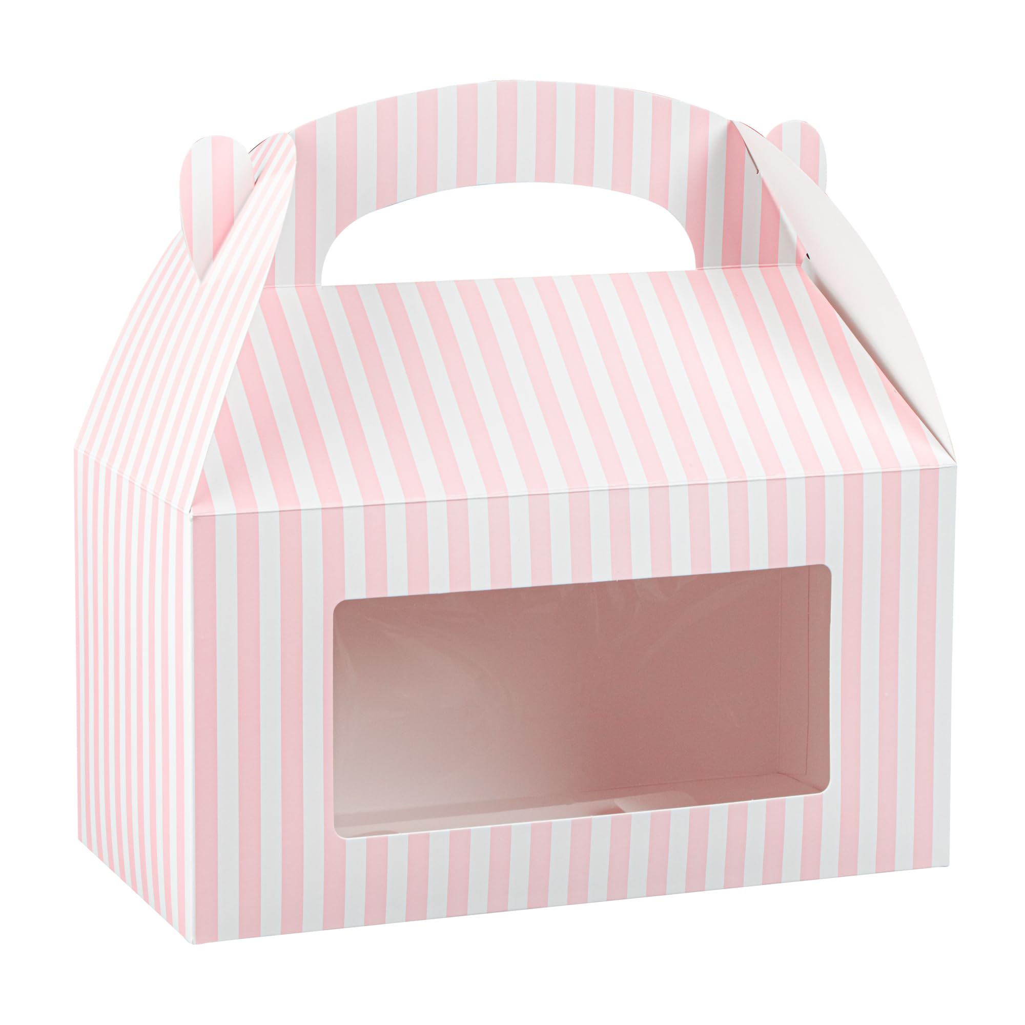 Bio Tek 9.5 x 5 x 5 Inch Gable Boxes For Party Favors, 25 Durable Gift Treat Boxes - Striped Pattern, Clear PET Window, Pink & White Paper Barn Boxes, With Built-In Handle - Restaurantware