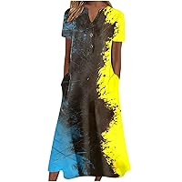 Summer Dresses for Women 2023 Casual, Tiered Square Neck Short Sleeve Sundress Peplum Smocked Satin Midi Dresses