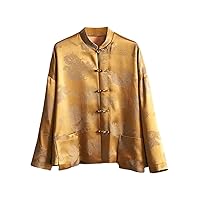 Women Jacket Silk Dragon Pattern Jacquard Mock Neck Dropped Shoulder Sleeves Hand Button Retro Top 122