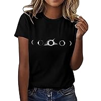 Women's Solar Eclipse Print Shirt Funny Summer Casual Tee Short Sleeve Crew NeckTees Shirts Fashion Clothes 2024