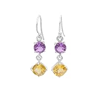 Citrine Amethyst Drop Dangle Earrings in 925 Silver Sterling Purple Yellow Gemstone Earrings For Women Girls