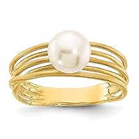 14k Gold 7 8mm Round White Freshwater Cultured Pearl Brushed Ring Size 7.00 Jewelry for Women