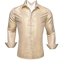 Men Silk Long Sleeve Gold Yellow Paisley Embroidered Slim Fit Male Blouses Casual Breathable Tops