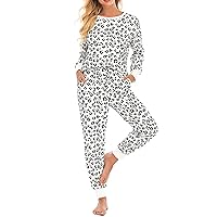 Women's Leopard Pajamas Sets Cotton 2Pcs Outfits Long Sleeve Sleepwear Tops and Pants Lonuge Pajama Set with Pockets