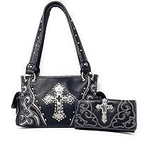 Laser Cut Premium Rhinestone Cross Western Embroidered Concealed Carry Handbag/Matching Wallet in 6 Color
