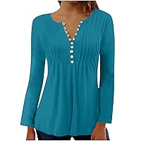 Women's Long Sleeve Blouses Casual Button Down V Neck Shirts Tops Loose Flowy Hide Belly Tunic Blouses for Leggings