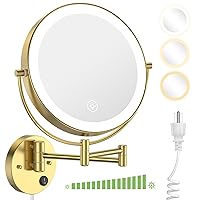 Wall Mounted Lighted Makeup Mirror - 9 Inch Large Double Sided 1X/10X Magnifying LED Vanity Mirror with 3 Color Lights & Stepless Dimming - 360°Swivel Extendable Bathroom Touch Sensor Mirror - Gold
