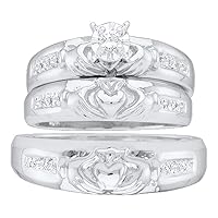 The Diamond Deal 10kt White Gold His & Hers Round Diamond Claddagh Matching Bridal Wedding Ring Band Set 1/8 Cttw