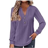 Womens Trendy Knit Jacquard Henley Shirts Tops Dressy Casual Button Up V Neck Tops Fall Plus Size Sweater Pullover