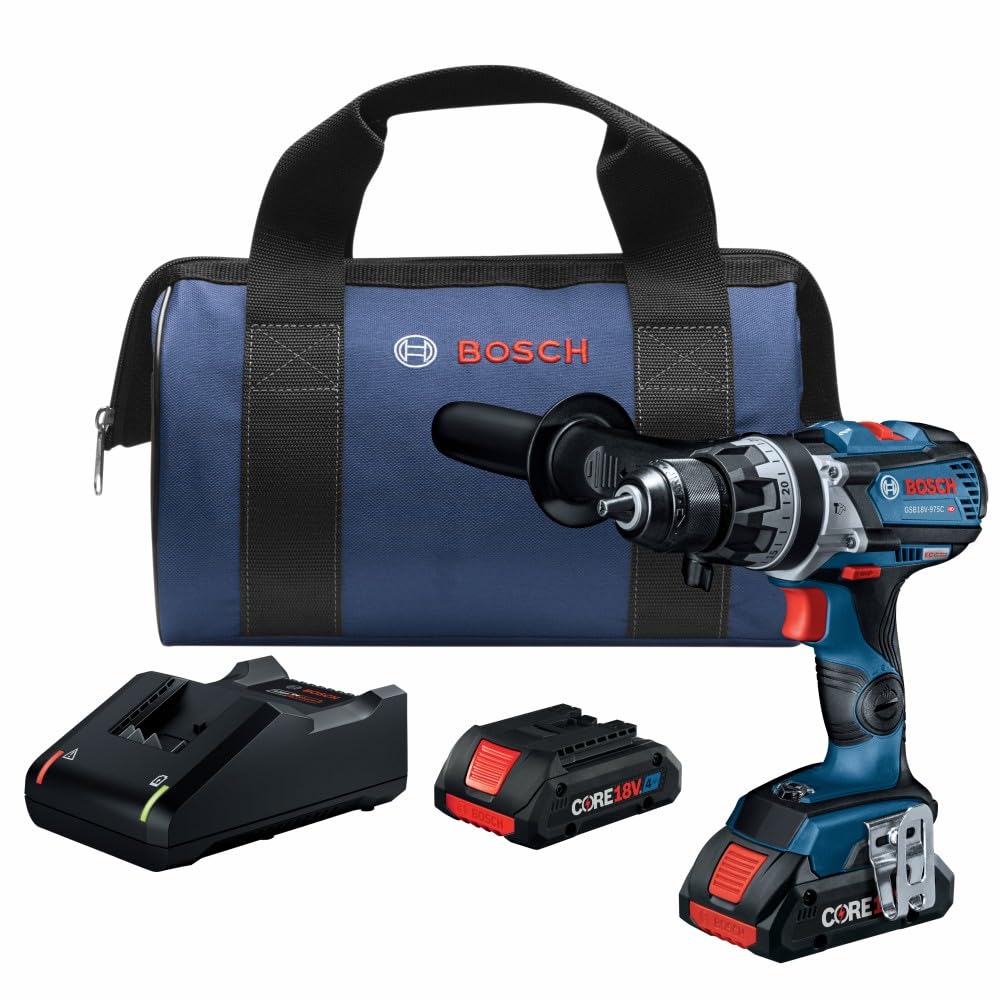 BOSCH GSB18V-975CB25 18V Brushless Connected-Ready 1/2 In. Hammer Drill/Driver Kit with (2) CORE18V® 4 Ah Advanced Power Batteries