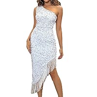 meilun One Shoulder Sequin Dress for Women Formal Evening Gowns Sparkly Midi Dress with Asymmetrical Tassel