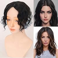 Short Wavy Human Hair Topper Wiglet Free Part Silk Base Clip in Crown Hairpiece for Women Solve Hair Lossing (Brown)
