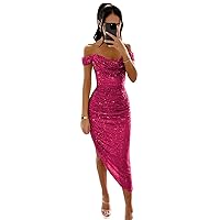 Off Shoulder Prom Dress Sparkly Sequin Party Dress Short Tight Pleated Homecoming Dress for Teens BU125