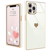 Compatible with iPhone 13 Pro Max Case Square Cute Plating Gold Luxury Love Heart Phone Case for Women Girls Shockproof Raised Full Camera Lens Protection Cover for iPhone 13 Pro Max, White
