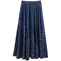 Maxi A-Line Jean Skirt Women Elastic Waist Summer Long Vintage Big Hem Printed Denim Skirt