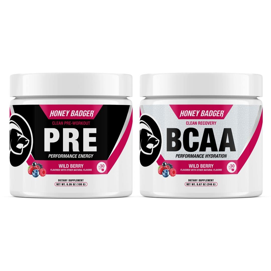 Honey Badger Pre Workout Powder & BCAA Amino Acids Powder Bundle | Beta Alanine, Caffeine & Vitamin C + Electrolytes | Vegan Keto Sugar Free & Paleo for Men & Women | 30 Servings (Wild Berry)