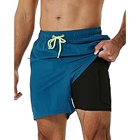 SILKWORLD Mens Swimming Trunks with Compression Liner 2 in 1 Quick-Dry Swim Shorts with Zipper Pockets