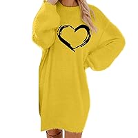 Plus Size Fall Sweaters Women's Lantern Sleeve Plush Sweater Dress Loose Heart Pattern Print Dresses Trendy Fuzzy Knit Long Sleeve Dress Suéteres De Mujer para