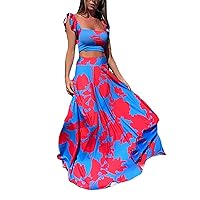 SHINFY Womens Summer Sexy 2 Pieces Outfits Ruffle Floral Tank Top Wrap Boho Tropical Long Skirt Set Clubwear Dress