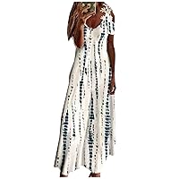 Women's Fashion Summer Printed V-Neck Strapless Short Sleeve Splicing Lace Dress,Cocktail Dresses for Women 2024