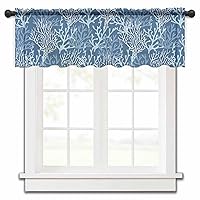 Navy Blue Coral Valance Curtains for Kitchen/Living Room/Bathroom/Bedroom Window,Rod Pocket Small Topper Half Short Window Curtains Voile Sheer Scarf, Summer Beach Sea Abstract Geometric White 42