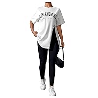 GORGLITTER Women's 2 Piece Outfits Letter Split Tees Shirt High Waisted Leggings Matching Set