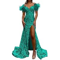 Sequin Mermaid Prom Dress with Feathers Sparkly Off The Shoulder Slit Long Formal Dress Ball Gowns for Women