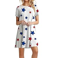 Summer Dress for Women 2024 Oversized Short Sleeve Dress V Neck Independence Day Print Loose Fit Mid Dresses