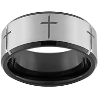 Christian Cross 10mm Black Tungsten Comfort Fit Ring Available in Sizes 5-15 (Full & Half Sizes)