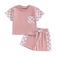 Karwuiio Toddler Baby Boy Girl Summer Clothes Checkerboard Print Short Sleeve Tops and Shorts Infant 2pcs Clothing Set