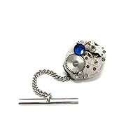 Oval Watch Gear Steampunk Tie Tack with Blue Swarovski Crystals